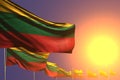 Beautiful feast flag 3d illustration - many Lithuania flags placed diagonal on sunset with space for your text