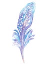 Beautiful feather of fairy bird in blue and lilac colors isolated on the white background. Watercolor illustration