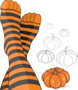 Beautiful feet in stripy socks with pumpkin Royalty Free Stock Photo