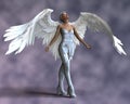 Beautiful female angel with white hair and white wings stood with her arms outstretched looking upwards