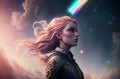 Beautiful female astronaut on background of starry sky. Portrait of blonde in space suit in outer space. Generative AI.