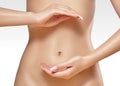 Beautiful female belly. Pretty woman cares stomach. Healthcare, digestion, intestinal health. Wellness, spa. Body part Royalty Free Stock Photo