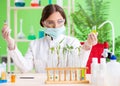 Beautiful female biotechnology scientist chemist working in lab