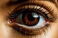 Close-up of a beautiful female brown eye with long lush eyelashes. Concept of vision, makeup, contact lenses