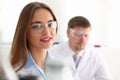 Beautiful female chemist doctor portrait goggles in laboratory Royalty Free Stock Photo