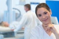 beautiful female doctor looking at camera in hospital Royalty Free Stock Photo