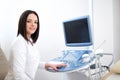 Beautiful female doctor sitting in her office near ultrasound sc Royalty Free Stock Photo