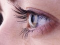 Beautiful female eye close up, looks away, vision correction concept, natural beauty with wrinkles, banner for lettering