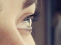 Beautiful female eye close up, looks away, vision correction concept, natural beauty with wrinkles, banner for lettering