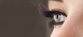 Beautiful female eye close up, looks away, vision correction concept, natural beauty with wrinkles, banner for lettering