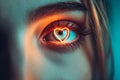 beautiful female eye close-up with a neon heart in the pupil of the eye,the concept of love,romance, Royalty Free Stock Photo