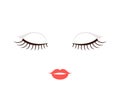 Beautiful Female Face with Closed Eyes. Long Eyelashes and Sexy Red Lush Lips. Sleeping Pretty Woman with Makeup. Line Cartoon Royalty Free Stock Photo