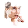 Beautiful female face in honeycombs. Spa concept. Royalty Free Stock Photo