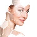 Beautiful female face in honeycombs. Spa concept. Royalty Free Stock Photo