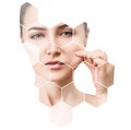 Beautiful female face in honeycombs. Spa concept. Royalty Free Stock Photo