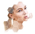 Beautiful female face in honeycombs. Spa concept. Royalty Free Stock Photo