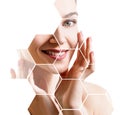 Beautiful female face in honeycombs. Spa and face lifting concept. Royalty Free Stock Photo