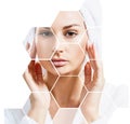 Beautiful female face in honeycombs. Spa and face lifting concept. Royalty Free Stock Photo