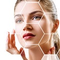 Beautiful female face in honeycombs. Spa and face lifting concept. Royalty Free Stock Photo