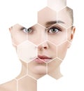 Beautiful female face in honeycombs. Spa and face lifting concept. Royalty Free Stock Photo