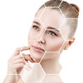 Beautiful female face in honeycombs. Spa and face lifting concept. Royalty Free Stock Photo