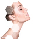Beautiful female face in honeycombs. Spa concept. Royalty Free Stock Photo