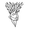 Beautiful female face in one continuous line with leaves instead of hair.