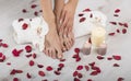 Beautiful female feet and hands with french manicure on white towel. Spa, foot care Royalty Free Stock Photo