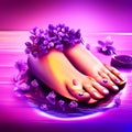 Beautiful female feet with purple nail polish and flowers. 3D rendering Generative AI