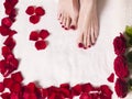 Beautiful female feet with a red pedicure in a bath with salt and rose petals. Spa and skin care concept. Royalty Free Stock Photo