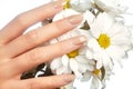 Beautiful female fingers with pastel pink manicure touching spring flowers. Care about female hands, healthy soft skin. Spa , Royalty Free Stock Photo