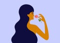 Vector illustration of beautiful woman holding peony or rose flower in hand