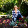 Beautiful female gardener looking at camera smiling and holding wooden crate full of flowers ready to be planted in her garden. Royalty Free Stock Photo