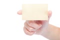 Beautiful female hand holding a gold blank card. Royalty Free Stock Photo