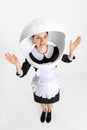 Beautiful female housemaid in astronaut helmet isolated over white background