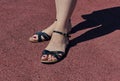 Beautiful female legs in black sandals. Woman's legs wearing sandals. Red and brown background. Royalty Free Stock Photo