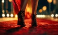 Beautiful female legs on Louboutins walk along the Starry Path, Hollywood night background, perfect lighting, high detail