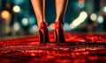 Beautiful female legs on Louboutins walk along the Starry Path, Hollywood night background, perfect lighting, high detail