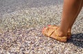 Beautiful female legs in sandals on the sand of the seashore. Royalty Free Stock Photo
