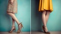 Beautiful female legs wearing summer shoes in brown yellow designers dress and blue mint woman clutch, generative ai