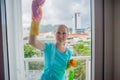 Beautiful female maid doing the housework while using a spray, washing windows Royalty Free Stock Photo