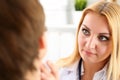 Beautiful female medicine doctor with serious face