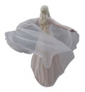 Beautiful female model portraying an angel with a floaty cape on both a white and a transparent background.