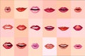Beautiful female mouth set, red lips with with variety emotions vector Illustrations