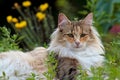 A beautiful female norwegian forest cat lying in grass with some trash in her coat