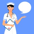 Beautiful female nurse is holding clipboard and showing document. Portrait of young nurse or medic with clipboard and stethoscope Royalty Free Stock Photo