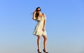 Beautiful female. pretty young beautiful woman in sunglasses. Summer outfit. Portrait of the beautiful girl. beach Royalty Free Stock Photo