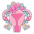 Beautiful Female Reproductive System with Flowers.Feminine Gynecology.Anatomical Female Uterus,Ovaries.Vagina Symbol