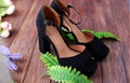 Beautiful female shoes sandals black Royalty Free Stock Photo