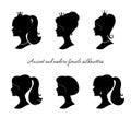 Beautiful female silhouettes set. Modern and ancient young woman profiles. Isolated on white. Royalty Free Stock Photo